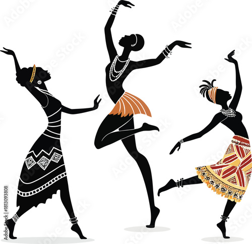 Three kwanzaa african culture black silhouette women dancing in traditional African attire with patterned skirts and jewelry