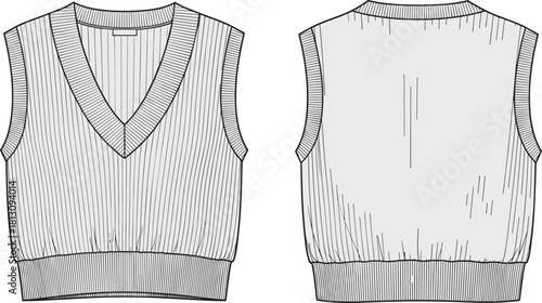 Flat technical fashion drawing vector illustration of a women's ribbed knit sweater vest featuring a deep V-neckline, wide ribbed trim at the hem, and sleeveless design, front and back view.