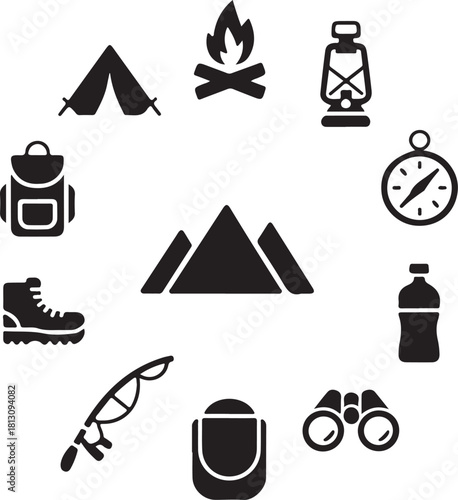 Outdoor adventure icons arranged in a circle around mountains