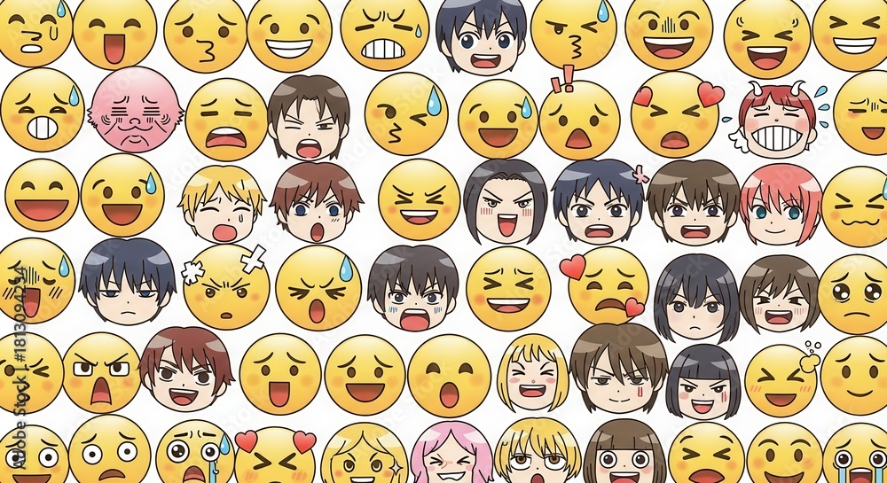 Obraz premium A myriad of human and symbolic facial expressions captures the multifaceted essence of emotions in