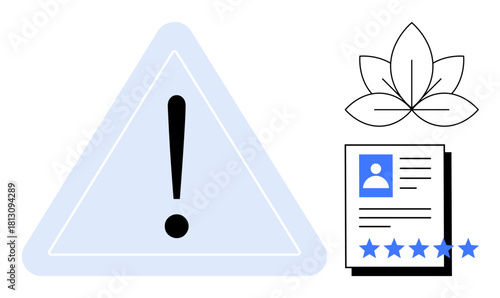 Warning symbol, profile document with user rating, and sustainability leaf icon. Ideal for risk management, identity verification, user feedback, eco-concepts, safety compliance, data integrity