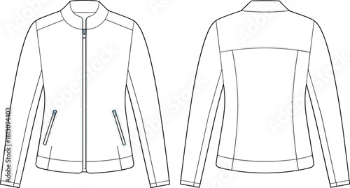 Jacket front and back view, zipper closure, zip pockets, curved seams, collar neckline, fashion sketch, garment template, apparel design, technical illustration