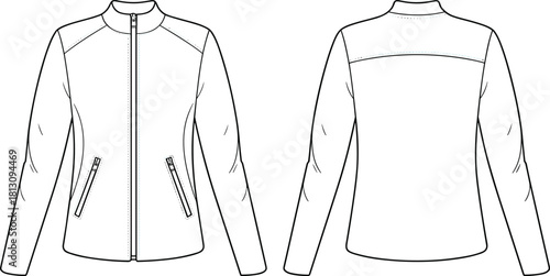 Jacket front and back view, zipper closure, zip pockets, high collar, yoke detail, fashion sketch, garment template, apparel design, technical illustration