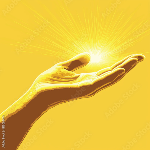 Yellow ray of light coming from a young hand , vector style simple color