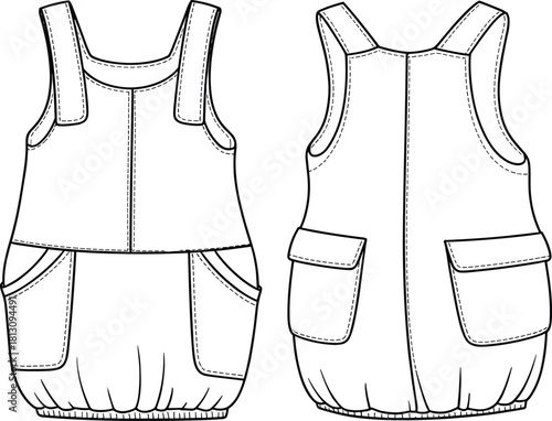Kid's girl bubble hem pinafore dress technical flat sketch, featuring wide straps, patch pockets, gathered bottom, front and back view, isolated vector illustration template.