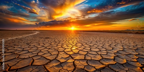 Arid landscape at sunset, sunbeams illuminate cracked earth, vibrant colors of the sky reflect on the dry ground