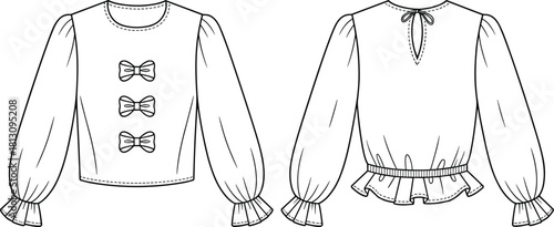 Kid's girl long sleeve top technical flat sketch, featuring front bows, puff sleeves, elastic back peplum, keyhole neck, front and back view, isolated vector illustration template.
