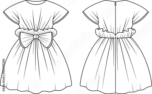 Kid's girl party dress technical flat sketch, with flutter sleeves and big bow on ruched waist, front and back view, apparel fashion design template.