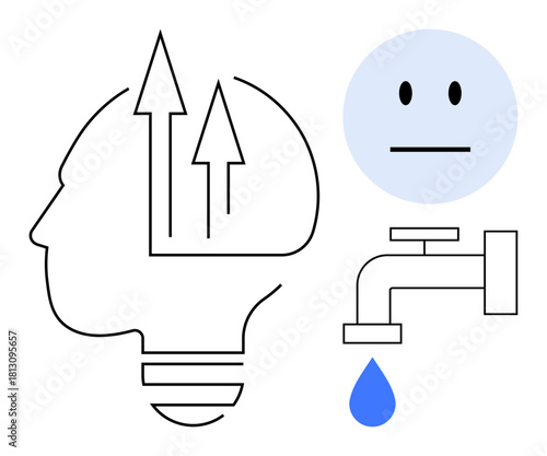 Human head outline with upward arrows, expressionless face, faucet releasing droplet. Ideal for innovation, emotions, resource management, creativity, mental focus, decision-making simple flat