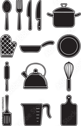 Collection of kitchen utensils and cookware silhouettes