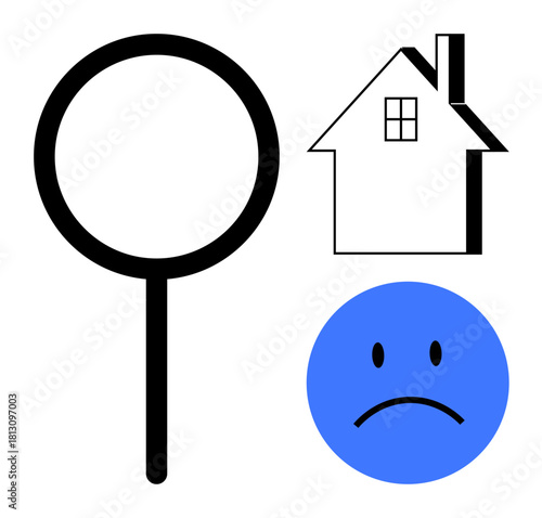 Magnifying glass, house, and sad face signify challenges in property search, disappointment, housing crisis, real estate issues. Ideal for analysis, dissatisfaction, problem-solving decision-making