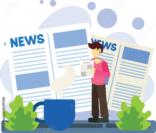 Morning news reading with coffee illustration