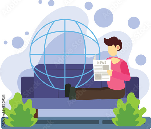 Man reading global news on a sofa illustration