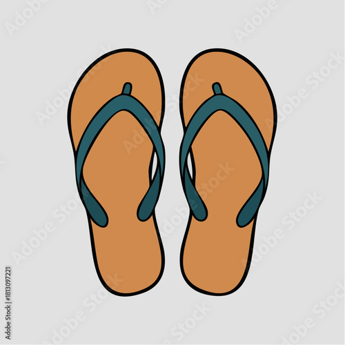 Pair of brown flipflops with blue straps on a light gray background.