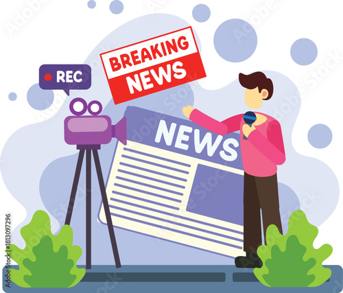 Reporter broadcasting breaking news live illustration