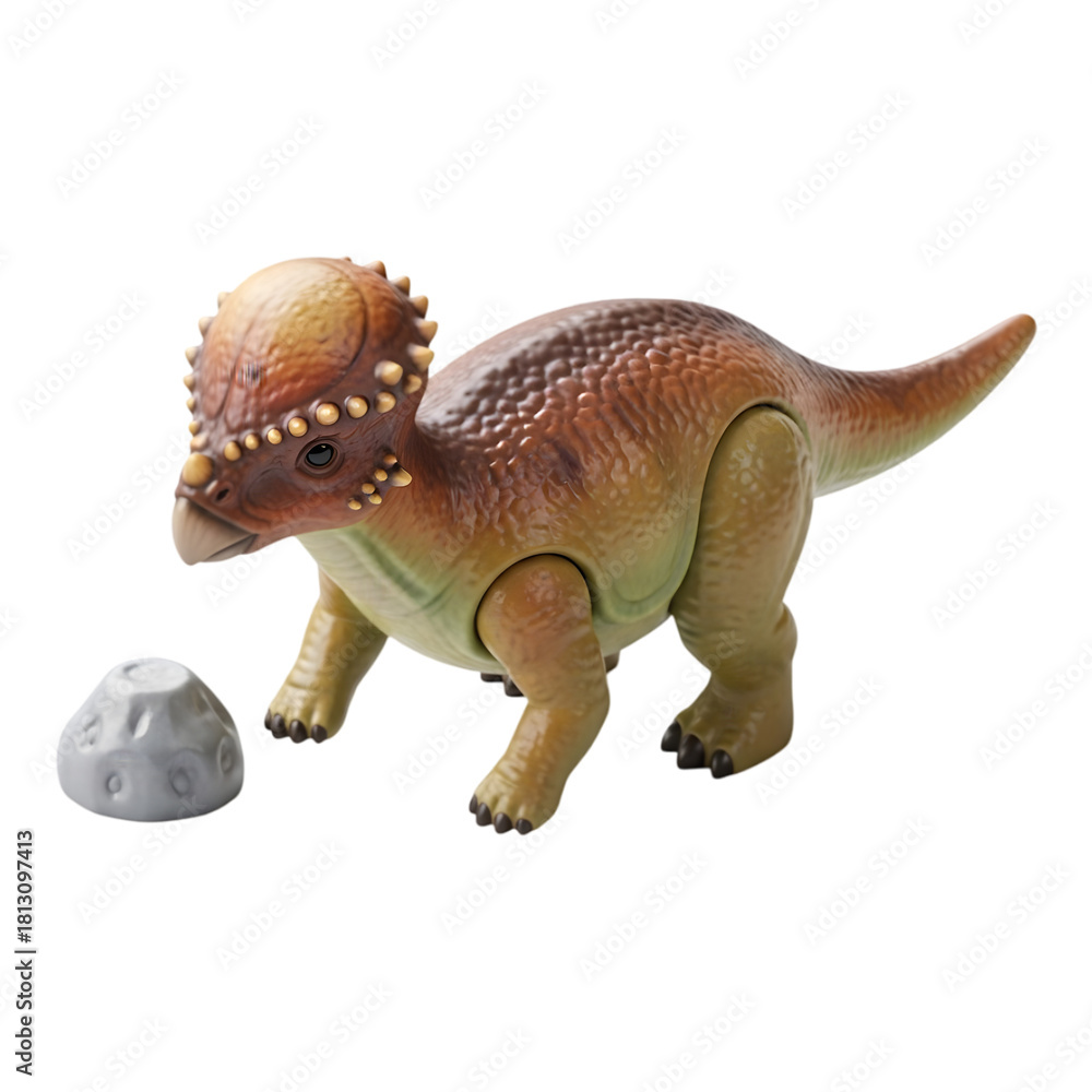 Fototapeta premium Detailed plastic dinosaur toy standing near small accessory object