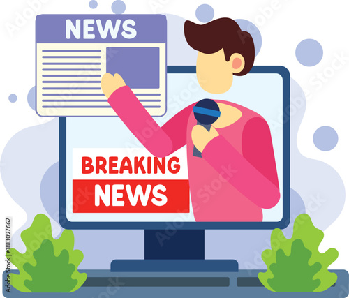 Reporter presenting breaking news live illustration