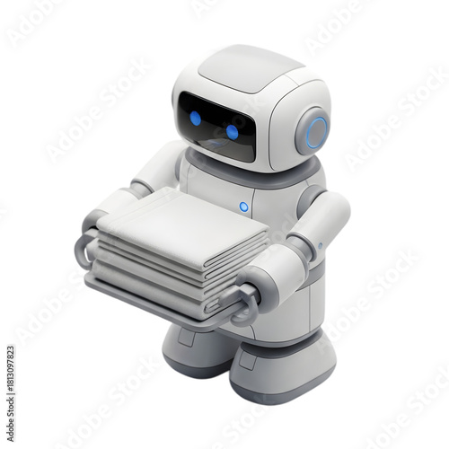 A cute friendly service robot carrying folded laundry efficiently