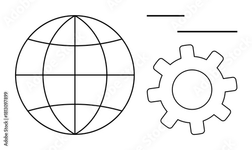 Globe with latitude and longitude lines beside a gear, representing technology, international collaboration, and innovation. Ideal for globalization, networking, engineering, digital solutions