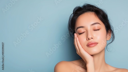 Serene Asian woman with flawless skin gently cradles her face against a blue backdrop, embodying natural beauty, calmness, and skincare wellness.