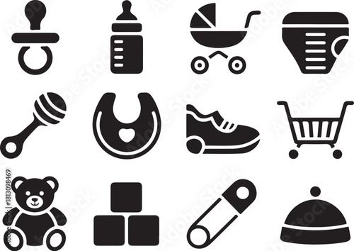Collection of baby care and infant essential icons in black silhouette