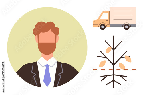 A man in formal attire, delivery van, and bare tree with autumn leaves embody business, logistics, seasons, professionalism, ecology, management and transformation. Ideal for corporate change