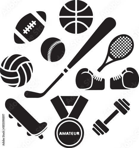 Collection of sports equipment and symbols arranged in a circle