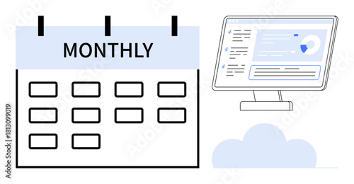Calendar labeled Monthly paired with a computer monitor showing analytics dashboard. Ideal for planning, scheduling, time management, productivity, analytics, organization, simple flat metaphor