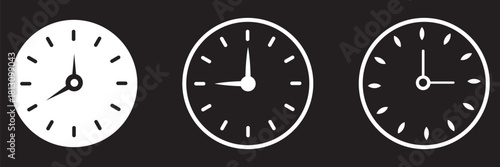 Vector illustration of twelve analog wall clocks in black outline, each showing a different hourly time from one to twelve. Analog clock icon set. 12 hourly time variations, black outline