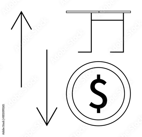 Up and down arrows represent trends, a dollar coin signifies finance, and a simple table outline adds structure. Ideal for economics, growth, decline, budgeting, business, financial analysis simple