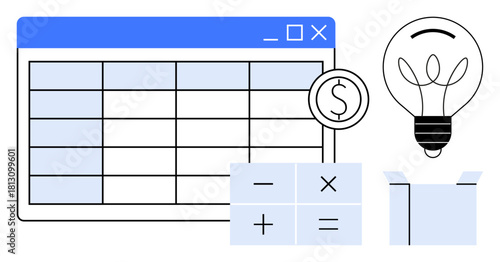 Spreadsheet interface, calculator buttons, dollar symbol, lightbulb, and open box. Ideal for finance, budgeting, innovation business planning analytics brainstorming startup strategy. Clean flat