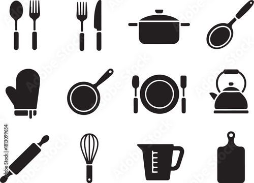 Collection of kitchen utensils and cooking equipment icons
