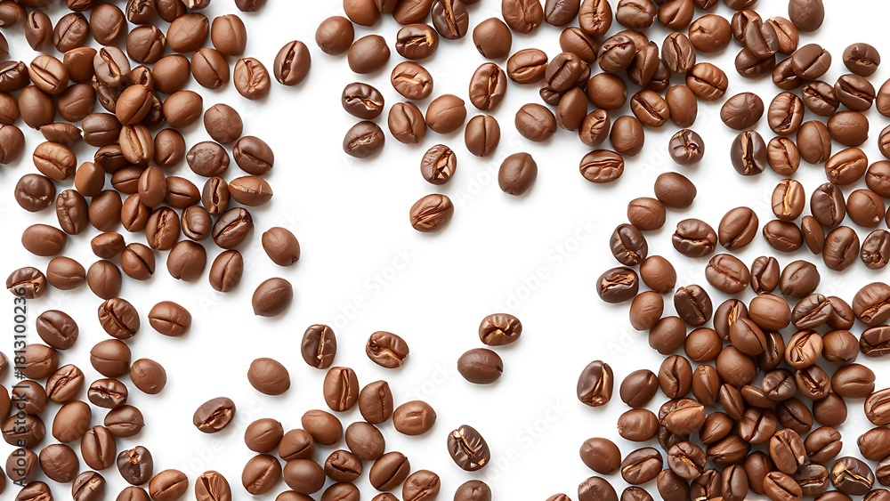 Naklejka premium robusta. Artistically arranged coffee beans on a white surface, showcasing rich textures and deep brown tones. menu design.