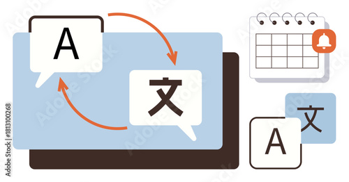 Speech bubbles with A and translated character, circular arrows indicating exchange, calendar, notification, laptop. Ideal for translation, communication, global connectivity, education workflow