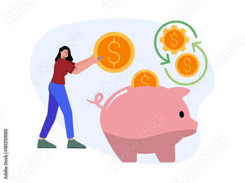 Woman standing put gold coins into pig piggy bank. Saving vector illustration. Flat illustration concept.