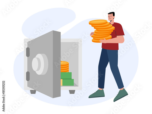 Businessman save money and save in a safe. Saving vector illustration. Flat illustration concept.