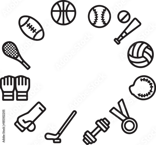 Circular arrangement of various sports equipment and icons