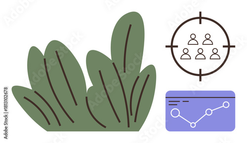 Green foliage next to a focus target with people icons and a graph interface. Ideal for sustainability, data analysis, target marketing, growth strategy, precision, audience engagement, simple flat
