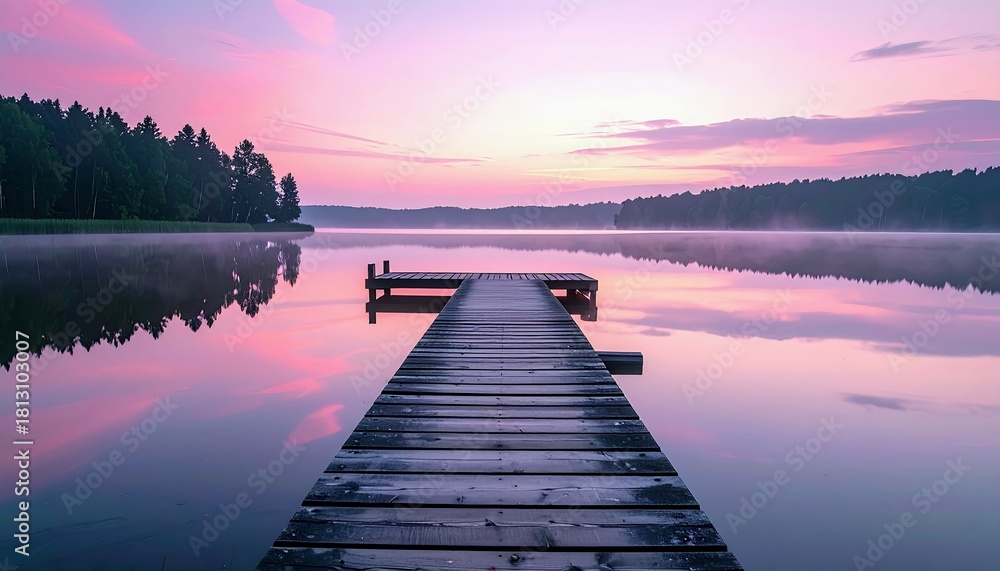 Fototapeta premium A wooden pier stretches across a tranquil lake during a vibrant sunrise, with soft mist hovering over the water's surface.