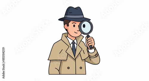 Cartoon detective in a trench coat with a magnifying glass