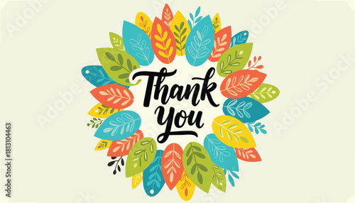 Colorful hand drawn leaf wreath design with thank you message in black script font on a light background, perfect for expressing gratitude and appreciation in a vibrant way