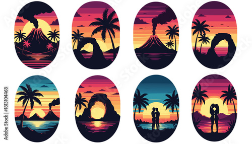 Set of eight pixel art oval illustrations depicting tropical sunset scenes with volcanoes, palm trees, arches, and romantic couple silhouettes