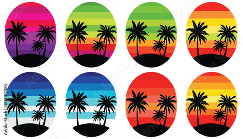 Set of eight colorful circular sunset designs featuring black silhouette palm tree clusters on striped gradient backgrounds, perfect for tropical themes