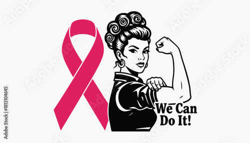 Rosie the riveter style woman flexing arm next to large pink ribbon symbol for breast cancer awareness
