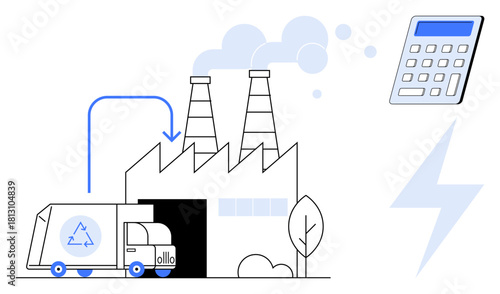 Recycling truck unloading at factory with chimneys emitting smoke, arrow indicating process flow, calculator, energy symbol. Ideal for sustainability, recycling, waste management, clean energy
