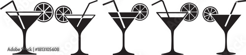 Silhouettes of classic cocktail drinks featuring citrus garnish and straw in a modern vector design.