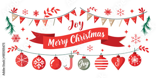 Christmas joy merry banner ornaments snowflakes festive holiday season winter celebration december garland