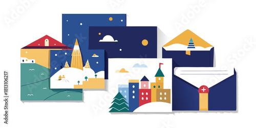 Winter holiday christmas postcards envelopes greetings snowy landscapes cityscapes festive
