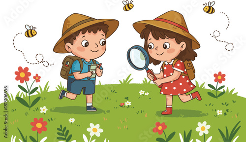 Cartoon children exploring nature outdoors, magnifying glass and map activity, flower field adventure, educational curiosity, straw hats, bees flying, joyful learning moment, discovery scene