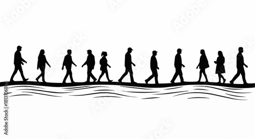 Silhouettes of people walking in a line across a surface.